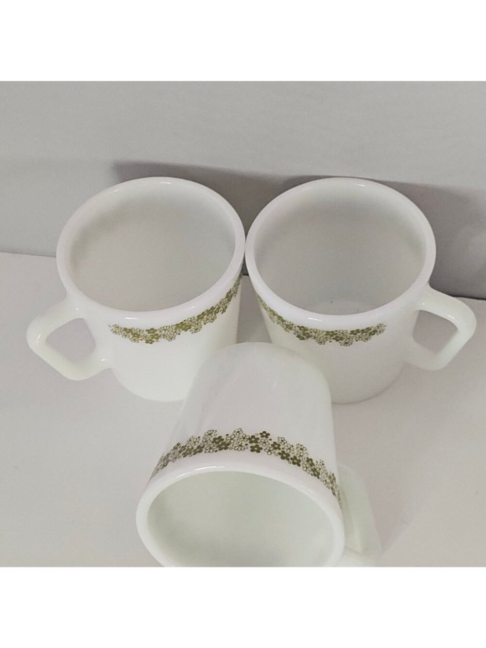 3 Corelle Spring Blossom Green Mugs by Pyrex Vintage Milk Glass Coffee Cups 80s - Picture 6 of 6